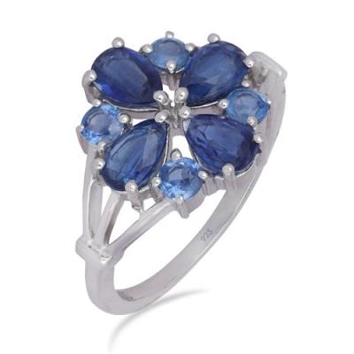 BUY NATURAL BLUE KYANITE GEMSTONE FLOWER RING IN 925 SILVER